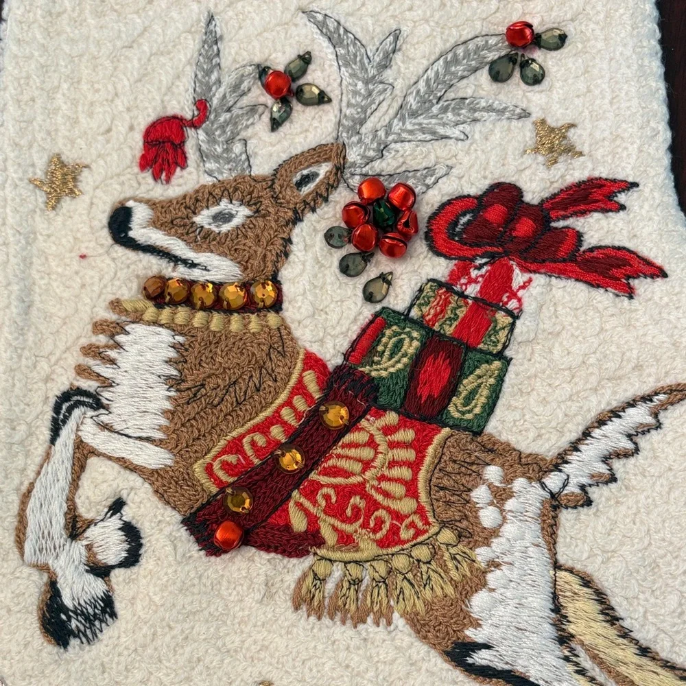 2 NWT Williams Sonoma Reindeer Stockings with Red & Cream Embroidery/bells